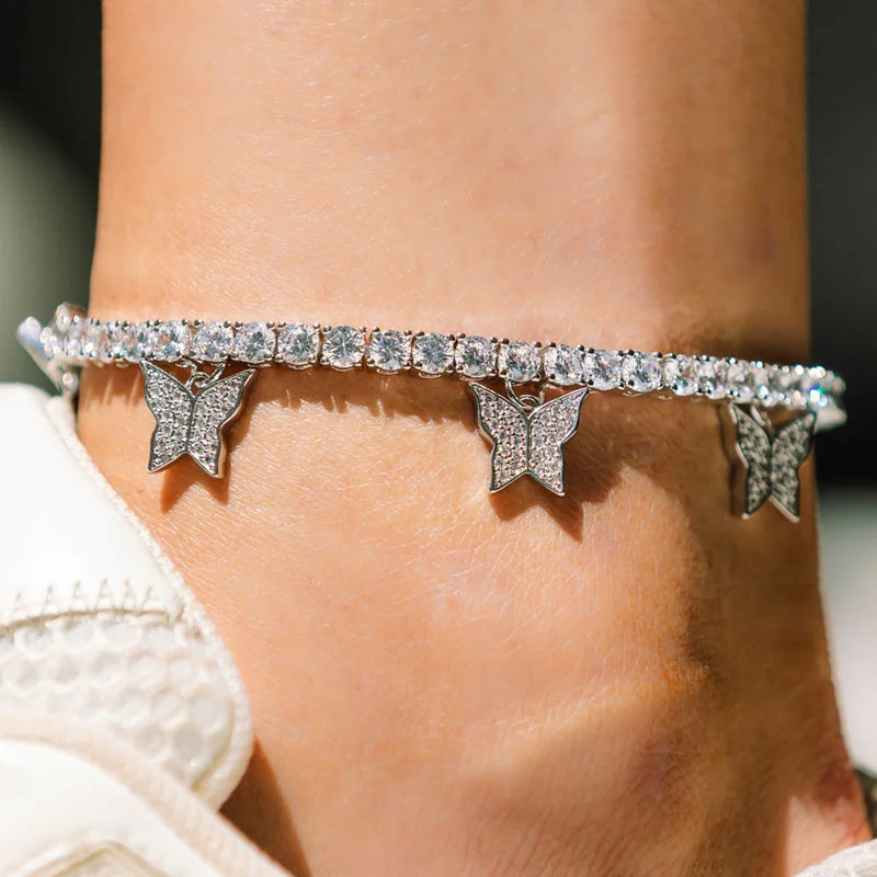 Butterfly Tennis Anklet - White Gold